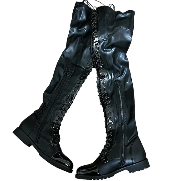 Azalea Wang thigh high Black stretch Faux Patent Lace Up Over Knee combat Boots - Picture 5 of 14